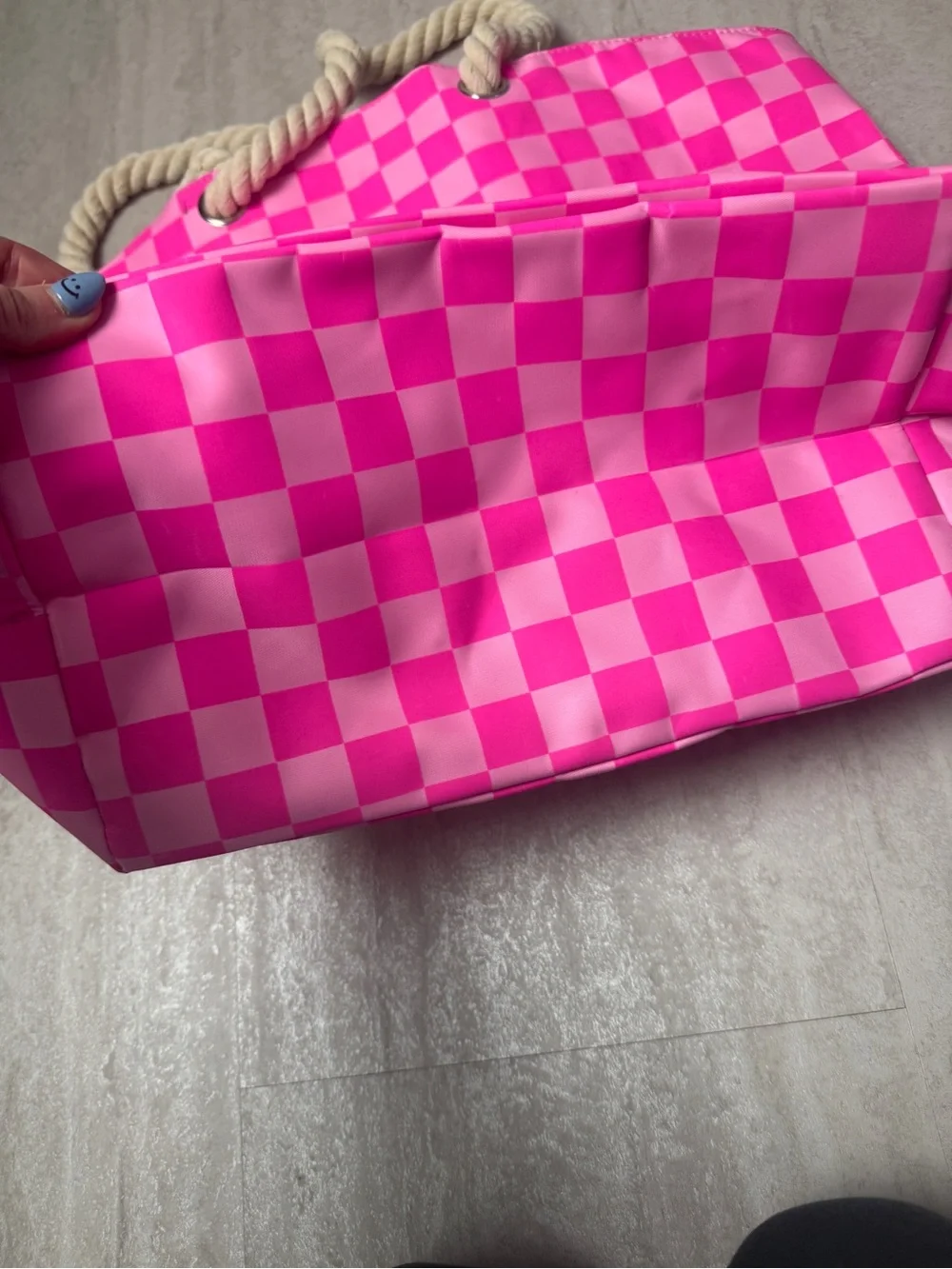 Pink Checkered Tote with Glitter Smiley face patches beach bag